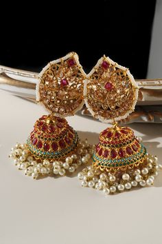 Mishti - Navratan Paan Shaped Jhumka - Inaury - Gold & Ruby - - All - Earrings - Featured Festive Heavy Temple Jewelry Earrings, Fusion Kundan Jhumkas Drop Earrings, Fusion Style Tilla Jhumkas Drop Earrings, Kundan Fusion Jhumkas, Fusion Chandbali Kundan Bridal Earrings, Fusion Style Kundan Jhumkas, Festive Temple Jewelry Earrings With Tilla, Traditional Chandbali Earrings With Intricate Design, Elegant Chandbali Meenakari Jhumkas