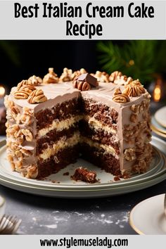 a cake that has been cut into pieces and is on a plate with the words best italian cream cake recipe