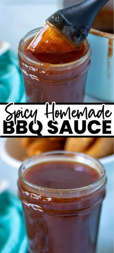 homemade bbq sauce in a jar with a spoon