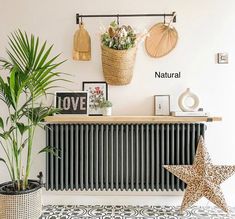 a room with a radiator, potted plants and pictures on the wall