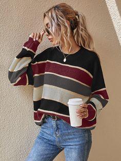 Multicolor Casual  Long Sleeve Acrylic Striped Pullovers Embellished Slight Stretch Spring/Fall Women Knitwear Striped Oversized Sweater, Surfergirl Style, Oversized Striped Sweater, Pull Oversize, Oversized Knitted Sweaters, Women Sweaters, Oversized Pullover, Womens Clothing Sizes, Trendy Fashion Women