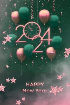 a green and pink new year card with balloons and stars in the shape of a clock