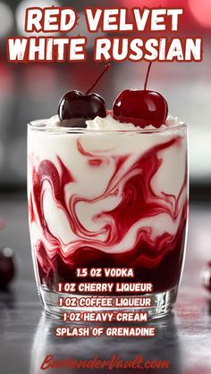 a red velvet white russian dessert with cherries