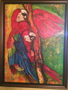 a painting of two parrots sitting on a tree branch