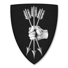 a black and white drawing of a hand holding two arrows in front of a shield