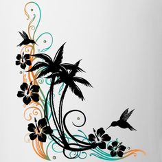 an artistic design with flowers and birds on a white background is featured in this image