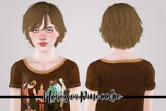 an animated image of a woman with short hair and blue eyes wearing a brown shirt