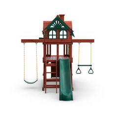 a wooden swing set with a green slide and two swings in front of it on a white background