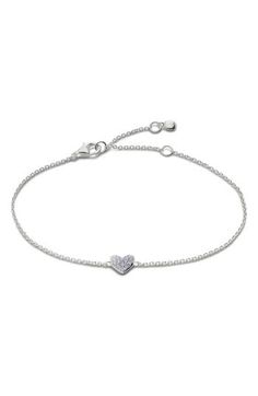 Twinkling lab-created diamonds bring romantic sparkle to the heart charm strung on this delicate chain bracelet forged from recycled sterling silver. Exclusive retailer 6" length; 1 1/2" extender; 1/4" W x 1/4" L station Lobster clasp closure Recycled sterling silver/lab-created diamond Imported >Diamond Guide Recipient of the Butterfly Mark certification, which identifies luxury brands that adhere to social and environmental best practices This brand meets Nordstrom Responsible Brands criteria: Adjustable Sterling Silver Heart Bracelet, Elegant Sterling Silver Nickel-free Heart Bracelet, Nickel-free Heart-shaped Sterling Silver Bracelet, Nickel-free Sterling Silver Heart Bracelet, Adjustable Nickel-free Silver Heart Bracelet, Monica Vinader, Diamond Guide, Lab Created Diamonds, Recycled Sterling Silver