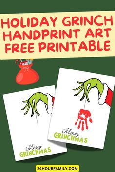 holiday grinch handprint art free printables for kids to color and decorate