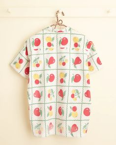 Food Pyramid Shirt - S/M – BODE Retro Cotton Top With Strawberry Print, Vintage Cotton Tops With Fruit Print, Cotton Tops With Retro Print And Camp Collar, Cotton Top With Retro Print And Camp Collar, Patterned Retro Print Cotton Shirt, White Cotton Shirt With Fruit Print, Short Sleeve Cotton Shirt With Fruit Print, Cotton Shirt With Relaxed Fit And Fruit Print, Cotton Shirt With Fruit Print In Relaxed Fit