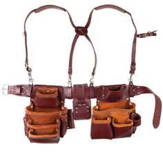 two leather belted holsters with multiple pockets on each side and one has six small pouches attached to it