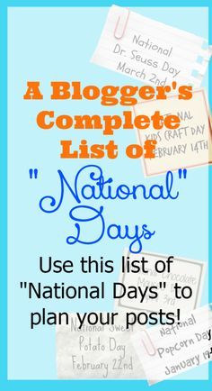 a blue and orange poster with the words national days to plan your postcard list