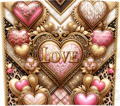 a card with hearts and the word love surrounded by other heart - shaped objects in gold, pink, and black