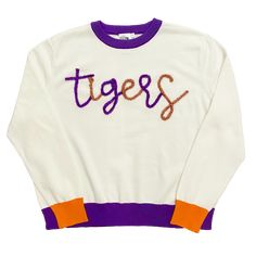 Long sleeve version of your favorite glitter script sweaters! Purple Long Sleeve Sweater With Letter Print, Luxury Letter Print Crew Sweater, Cotton Glitter Print Long Sleeve Sweatshirt, School Spirit Glitter Print Crew Neck T-shirt, Yellow Graphic Print Crew Neck Sweater, Queen Summer, Rodeo Queen, Purple Orange, Dancing Queen