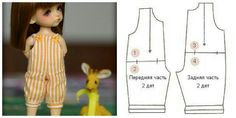 an image of a doll and its sewing instructions for it's overalls or shorts