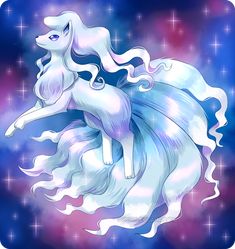 an illustration of a white unicorn riding on its hind legs with stars in the background