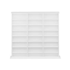 a white bookcase with many shelves on it's sides and one shelf is empty