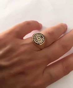 "Pinky ring, Crest Engraved ring, Initial Ring, Personalized Ring, gold letter ring, Engraved Signet ring with Round Seal- Best quality 18k Gold Plate - also suitable for men and women, Diameter: 12 mm = 0.47\" Please note in the \"notes to seller\" at checkout. : * state your ring size * letter/ picture you want to engrave The product will arrive to you packed in gift box and padded envelope to maintain the product Our jewelry are water resistant and comes with 1 year warranty For more rings fr Symbolic Engraved Open Ring, Tarnish Resistant, Symbolic Engraved Open Ring Tarnish Resistant, Symbolic Tarnish Resistant Promise Ring, Personalized Gold Flower Ring, Symbolic Gold Midi Rings, Symbolic Gold Round Midi Rings, Symbolic Engraved Open Ring, Engraved Open Metal Ring As A Gift, Engraved Flower Ring For Promise