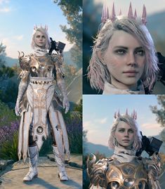 an image of a woman in armor with horns on her head and two photos of the same person