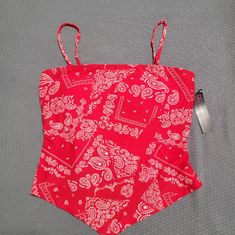 Red Paisley Print. Removeable Straps. Never Worn Fitted Cotton Bandana For Summer, Cotton Bandana For Beach In Summer, Red Paisley Print Top For Vacation, Casual Summer Bandana For Vacation, Fitted Casual Bandana For Summer, Fitted Casual Bandana For Beach, Summer Festival Bandana, Summer Beach Cotton Bandana, Casual Pink Bandana For Summer