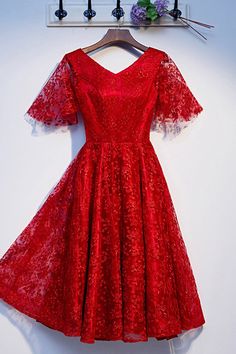 Shop modest short red all lace party dress vneck with sleeves online. All instock with free shipping. Pro since 2009. Red A-line V-neck Dress For Spring, Red Knee-length Evening Dress For Prom, Red Knee-length Evening Dress For Prom Season, Red V-neck Evening Dress For Prom, Red V-neck Evening Dress For Summer, Red V-neck Evening Dress For Banquet, Red A-line Summer Evening Dress, Summer V-neck Banquet Evening Dress, Summer V-neck Evening Dress For Banquet