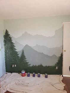 some paint cans are sitting on the floor in front of a mountain mural