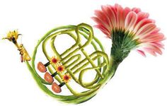 a drawing of a french horn with flowers in the foreground and a pink flower on the side