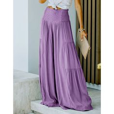 Purple Layered Pleated High Rise Wide Leg Pants High Rise Solid Color Summer Pants, Purple Solid Color Bottoms For Spring, Spring Purple Solid Bottoms, Spring Purple Solid Color Bottoms, Purple High Waist Relaxed Fit Bottoms, Purple Relaxed Fit High Waist Bottoms, High Rise Pants With Elastic Waistband, Baggy High Waist Purple Bottoms, High Waist Solid Purple Bottoms