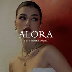 a woman in a white dress with her mouth open and the words alora above her