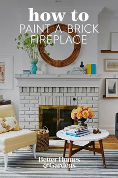 a living room filled with furniture and a fire place in front of a white brick fireplace