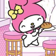 hello kitty is holding a piece of bread in her hand while standing next to two stools