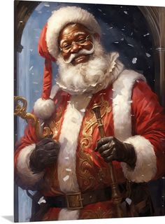 a painting of santa claus holding a golden key in his right hand and looking at the viewer