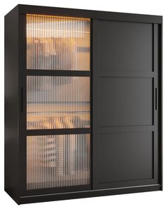 a large black cabinet with glass doors