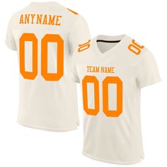 an orange and white football jersey that says any name on the front, with two small letters