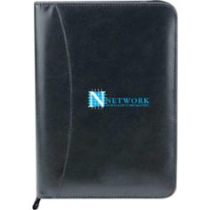 a black leather notebook with the network logo on it