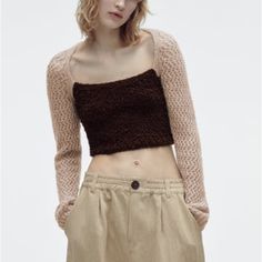 Genuine Zara New With Tag Material: 45% Acrylic, 35% Polyamide, 12% Wool Color: Cream/ Brown Unique Knit Cropped Top With Crochet Sleeves And Shearling Details. Looks Great With Wide Leg Pants, Keeps You Surprisingly Warm Fitted Neutral Sweater For Spring, Chic Cropped Beige Sweater, Chic Beige Cropped Sweater, Chic Beige Crochet Top For Fall, Cozy Beige Knit Top For Spring, Cozy Beige Spring Knit Top, Chic Neutral Winter Tops, Beige Knit Crochet Top For Fall, Fall Beige Crochet Knit Top