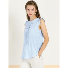 The ruffled sleeveless design would show demure, feminine grace, and also lend shape and texture. Crafted from a lightweight material, it is shaped with an elegant crew neckline, and pleat detailing, and comes in a relaxed cut for easy, breezy wear. This vintage blouse is designed with ruffled trim and solid color, especially for a professional look at work. Boho Lace Top, Office Vintage, 1950s Retro, Basic Blouses, Tunic Tops Casual, Work Blouses, Floral Print Chiffon, Fitted Blouses, Women's Blouses