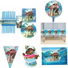 moan birthday party supplies including cake, plates and decorations