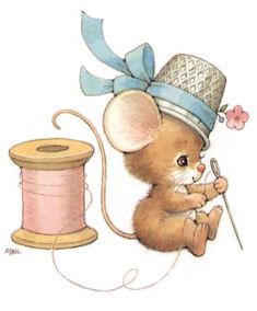 a drawing of a mouse with a spool of thread