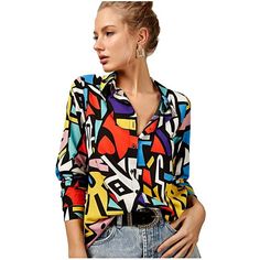 New Xl Print Top Multiple Looks Can Come From This Blouse! Super Fun Funky Pattern Buy Blouse, Dressy Blouse, Elegante Casual, Beautiful Blouses, Dressy Casual, Art Stuff, Blouse Styles, Favorite Shirts, Button Down Shirts