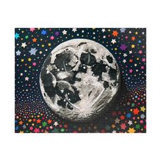 a painting of the moon with stars around it