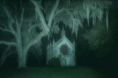 a painting of a church in the woods at night with trees and moss on it