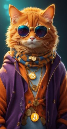 an orange cat wearing sunglasses and a purple sweater with gold coins around it's neck