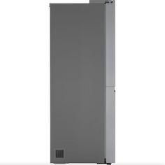 a gray refrigerator freezer sitting on top of a white floor