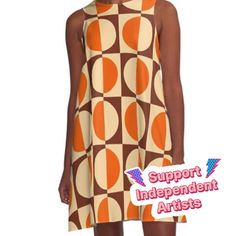 Loose-fit, mid-length sleeveless dress with silky handfeel. Printed on both sides. Machine washable. Size range XS-2XL. Retro Mod Half Square and Circle Pattern in Orange Brown and Beige Modern Fitted Sleeveless Summer Dress, Summer Retro Sleeveless Midi Dress, Retro Sleeveless Summer Midi Dress, Retro A-line Sleeveless Dress, Retro Sleeveless Midi Dress For Summer, Modern A-line Midi Dress For Summer, Sleeveless Graphic Print Midi Dress For Summer, Modern Knee-length Mini Dress For Summer, Modern Sleeveless Summer Dress