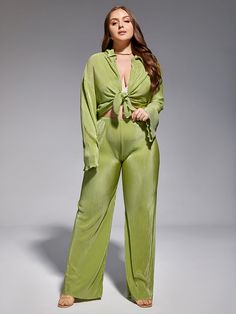 6390a134-34da-47fd-bfa7-30f3942e511a Green Wide Leg Pants Set, Cheap Green Wide Leg Sets, Green Long Sleeve Sets With Button Closure, Cheap Green Wide-leg Sets, Green Plisse Set, Flare Leg Pants, Green Shirt, Plus Size Womens Clothing, Plus Size Shirts