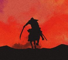 the silhouette of a person on a horse in front of an orange and pink sky