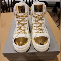 I Am Selling Limited Giuseppe Zanotti's. These Exclusives Have Only Been Worn A Few Times. They Are In Very Good Shape. Comes With Box. Size 42.5 (9.5/10) Luxury Gold Lace-up Custom Sneakers, Designer Gold High-top Sneakers, Luxury Gold Custom Sneakers With Round Toe, Luxury High-top Sneakers In Calf Leather With Round Toe, Luxury High-top Sneakers With Leather Sole And Round Toe, Luxury High-top Sneakers With Leather Sole, Luxury White High-top Sneakers With Leather Sole, Designer White High-top Sneakers With Leather Sole, Gold Leather High-top Sneakers With Branded Insole