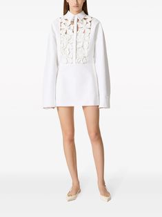 Valentino Garavani floral-embroidered cut-out Shirtdress - Farfetch Floral White Dress, Floral Silk Shirt, Pleated Shirt Dress, Cotton Shirt Dress, Floral Shirt Dress, Swimwear Dress, Floral White, White Shirt Dress, Mini Shirt Dress